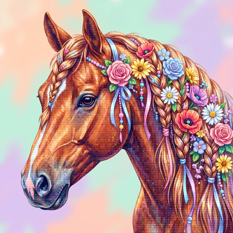 Cheval bai à la crinière fleurie