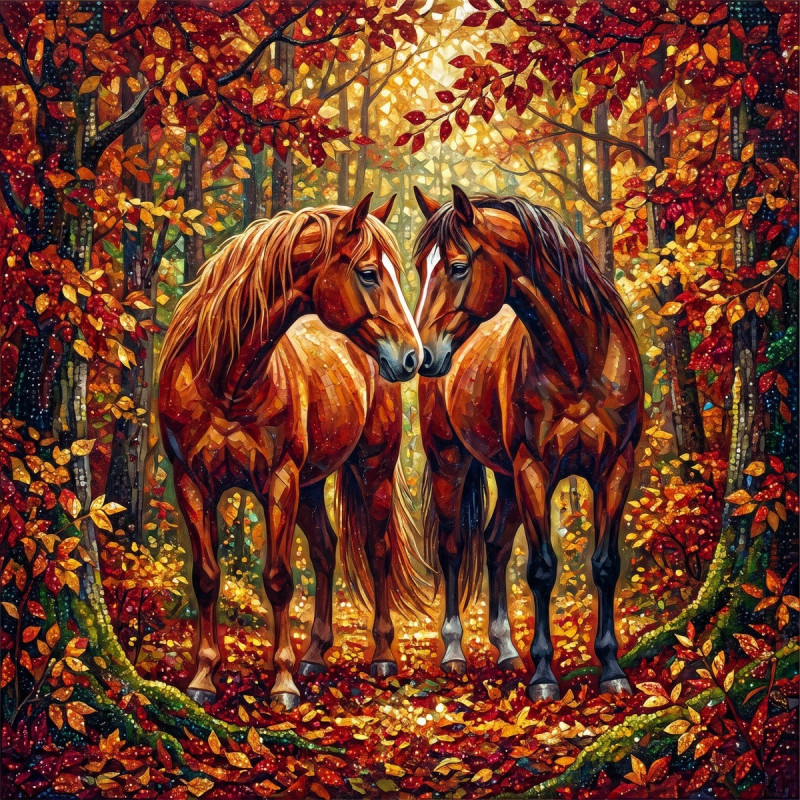 Nuzzling Horses in the Autumn Forest