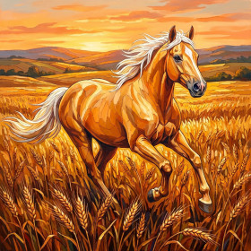 Palomino galopant dans les blés dorés