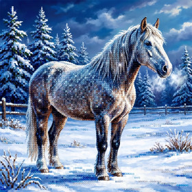 Cavallo grigio nella neve tra i pini