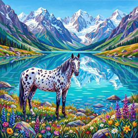 Appaloosa au bord du lac de montagne