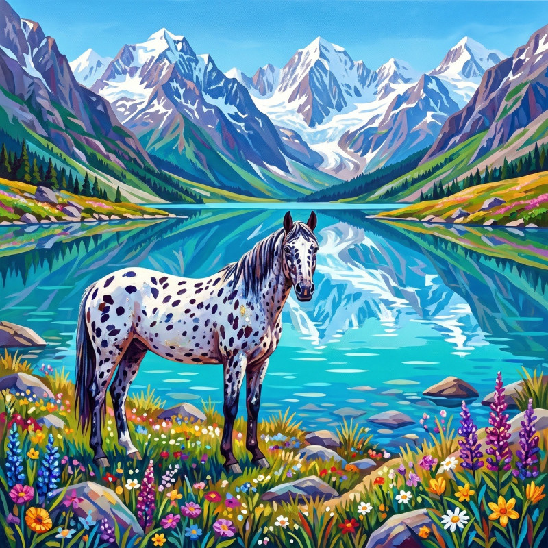 Appaloosa au bord du lac de montagne