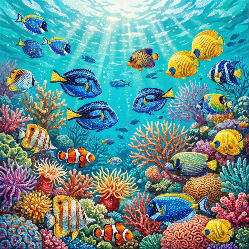 Tropical Fish School Over Sunlit Coral Reef