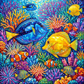 Blue and Yellow Tangs in Coral Reef
