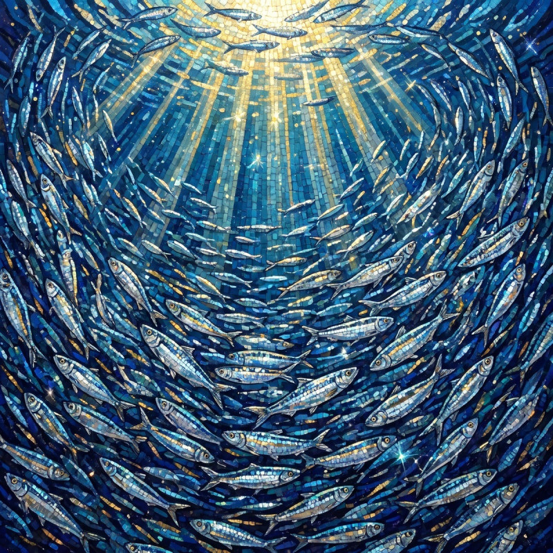 Tourbillon de sardines argentées sous le soleil