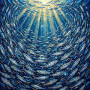 Vortice di sardine argentate nel blu