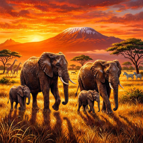Elephant Family Beneath Kilimanjaro at Sunset