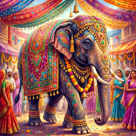 Elefante addobbato durante la festa indiana