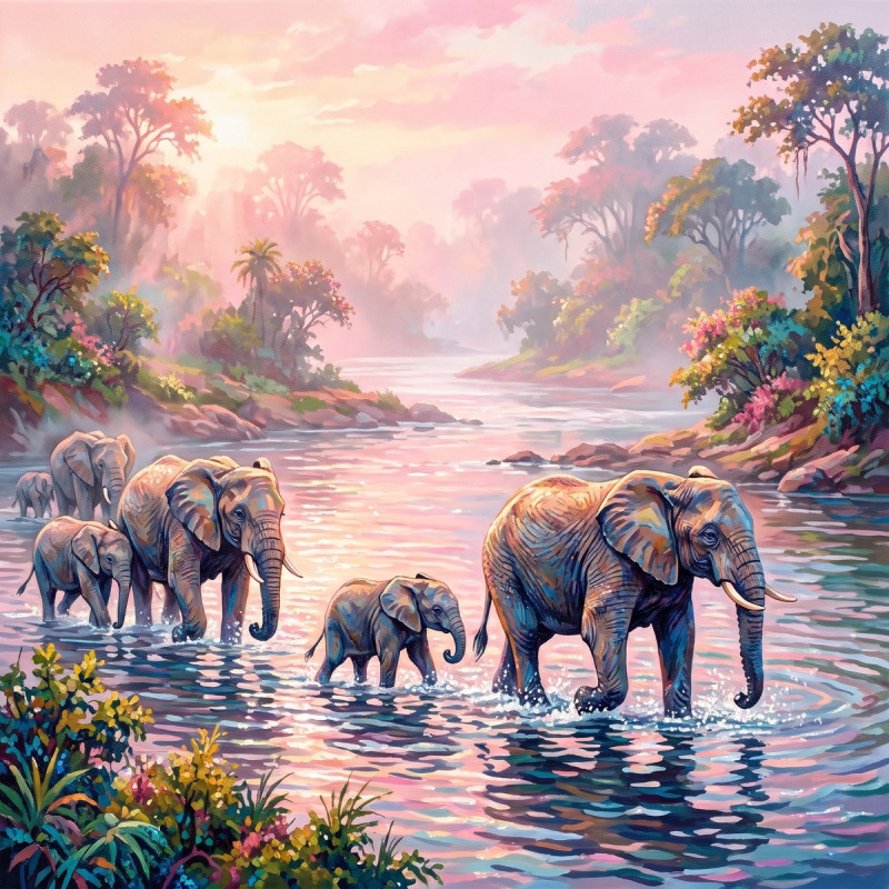 Troupeau d'éléphants traversant la rivière brumeuse