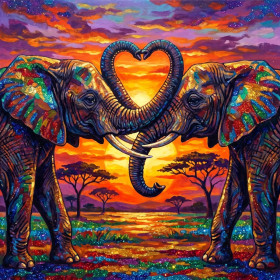 Éléphants Trompes en Cœur, Soleil Couchant
