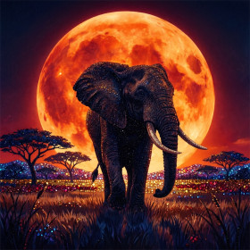 Elefante in controluce davanti alla luna arancione