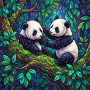 Two Panda Cubs on a Mossy Branch