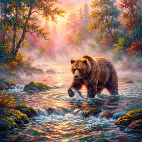Orso pescatore nel fiume nebbioso all'alba