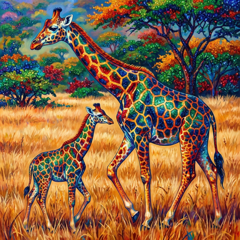 Giraffenmutter und Jungtier im goldenen Gras