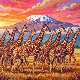 Girafes au Kilimandjaro, ciel rose et or