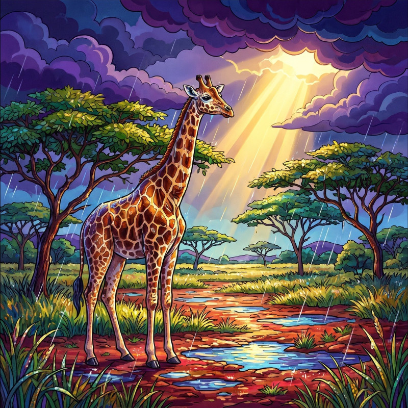 Giraffa nella savana dopo la pioggia