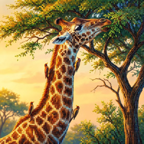 Girafe et piquebœufs au matin clair