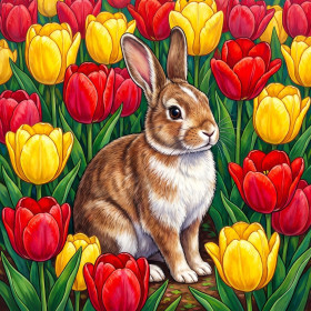 Lapin parmi les tulipes rouges et jaunes