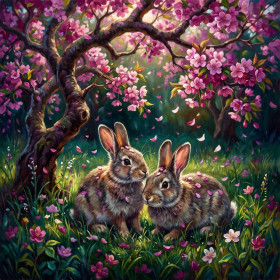 Deux lapins sous le cerisier en fleurs
