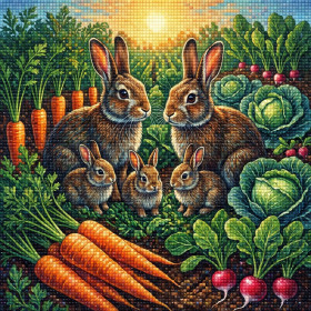 Famille de lapins au potager fleuri