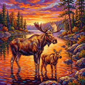 Élan et son petit aux reflets orangés