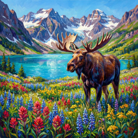 Moose in a Flowering Alpine Meadow