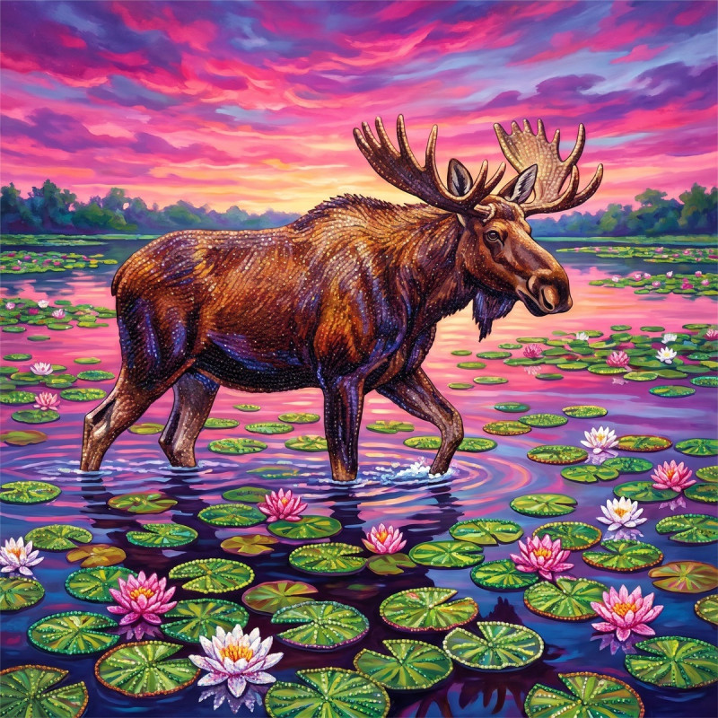 Eland in waterlelievijver bij roze schemering