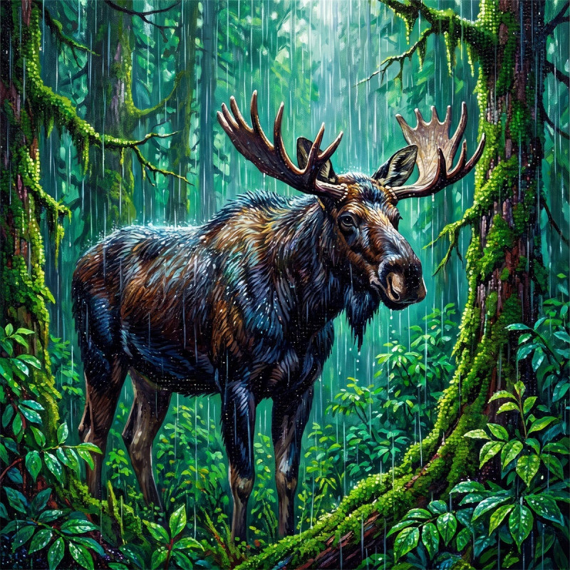 Élan sous la pluie en forêt verte