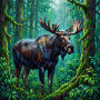 Rain-Soaked Moose in a Green Forest