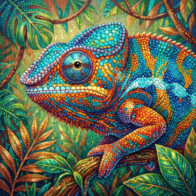 Pantherchamäleon zwischen Monstera und Farnen