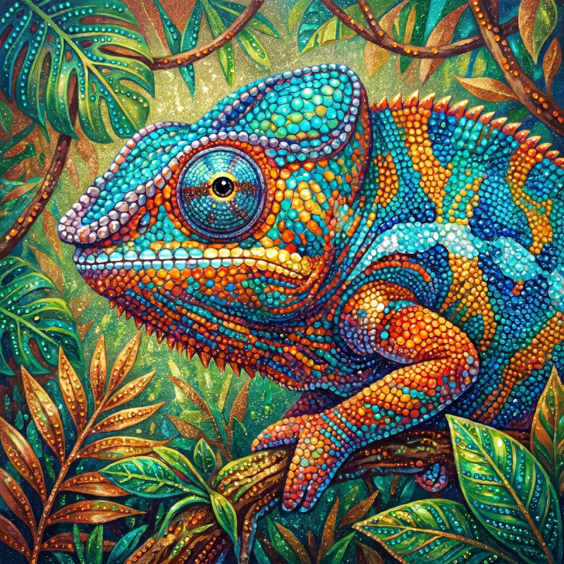 Pantherchamäleon zwischen Monstera und Farnen