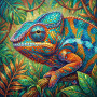 Pantherchamäleon zwischen Monstera und Farnen