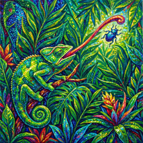 Caméléon vert chassant un scarabée bleu