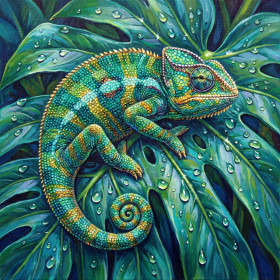 Opgekrulde kameleon op nat tropisch blad