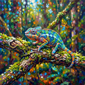 Baby Chameleon on a Mossy Twig