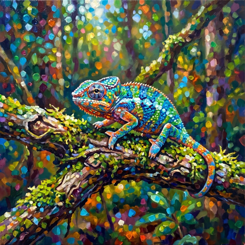 Baby Chameleon on a Mossy Twig