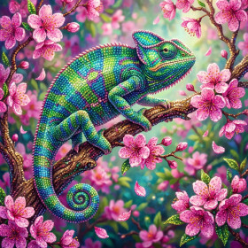 Caméléon sur branche de fleurs roses
