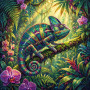 Caméléon casqué dans une jungle lumineuse