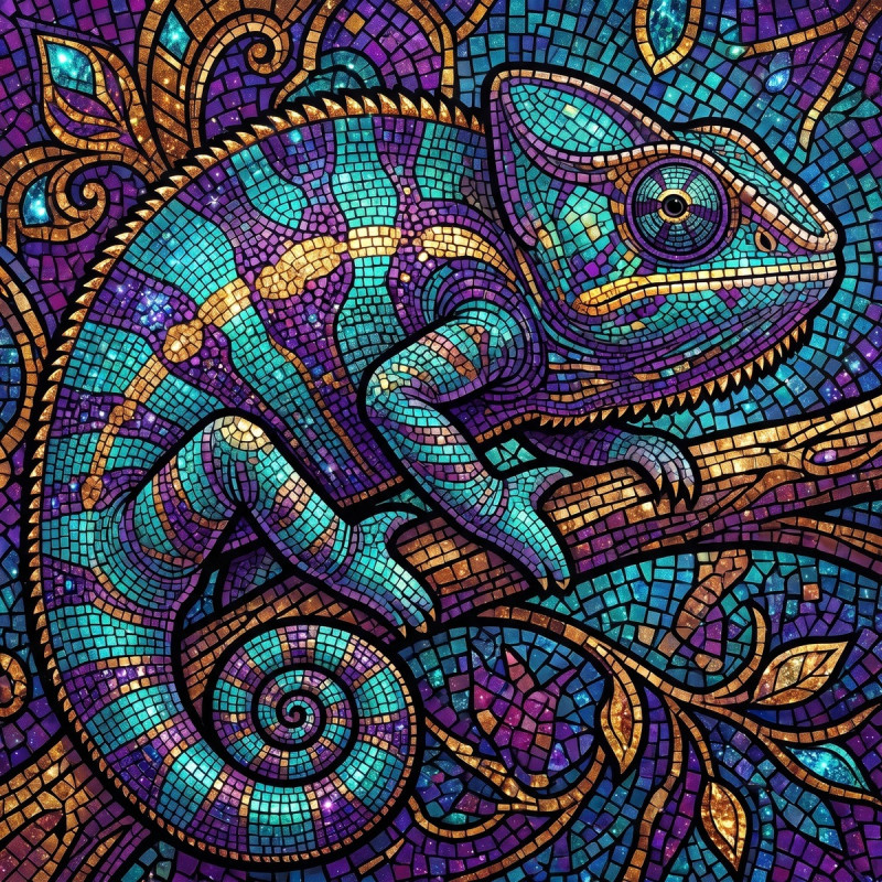 Caméléon mosaïque turquoise, violet et or
