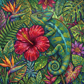 Caméléon sur hibiscus rouge tropical