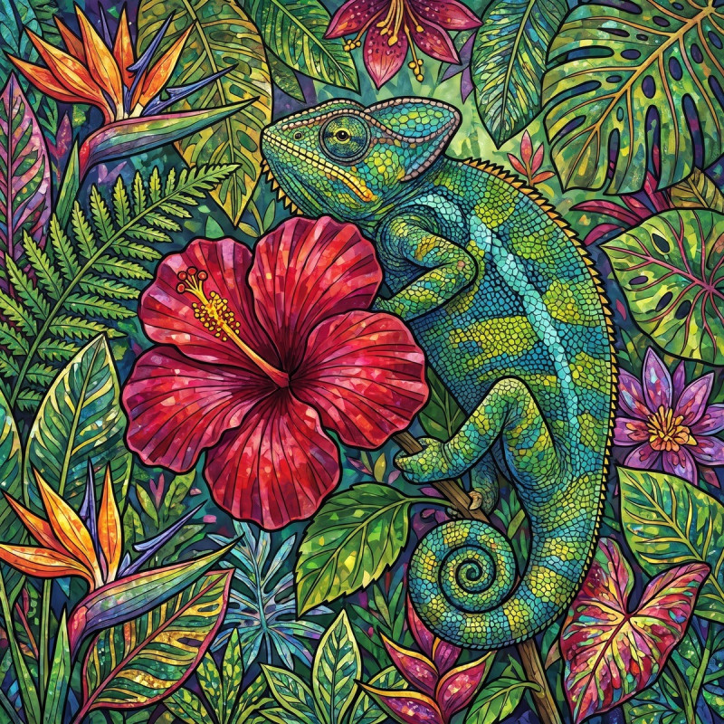 Caméléon sur hibiscus rouge tropical