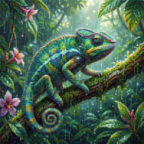 Caméléon sous la pluie en forêt tropicale