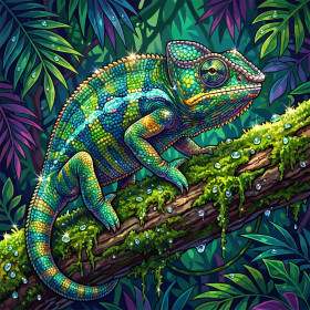 Kameleon op bemoste tak met dauwdruppels