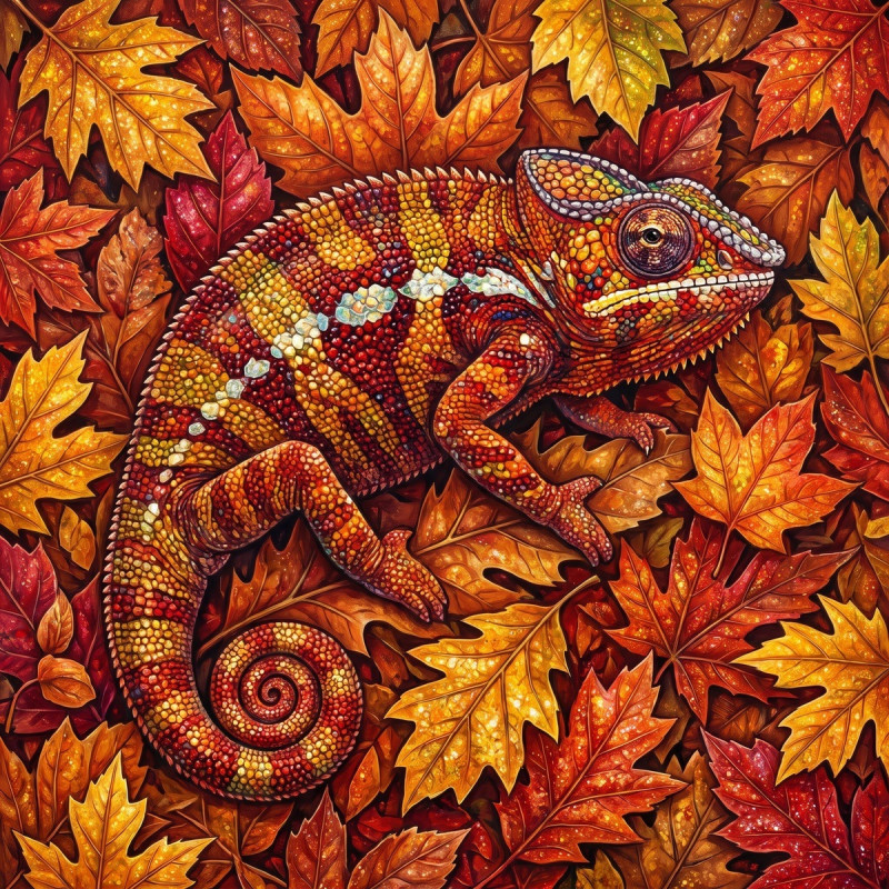 Camouflaged Chameleon in Autumn Leaves