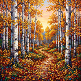 Betulle dorate d'autunno con sentiero di foglie