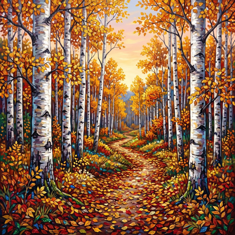 Allée de bouleaux dorés en automne