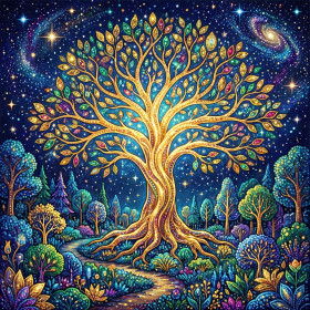 Albero della vita dorato nella notte stellata