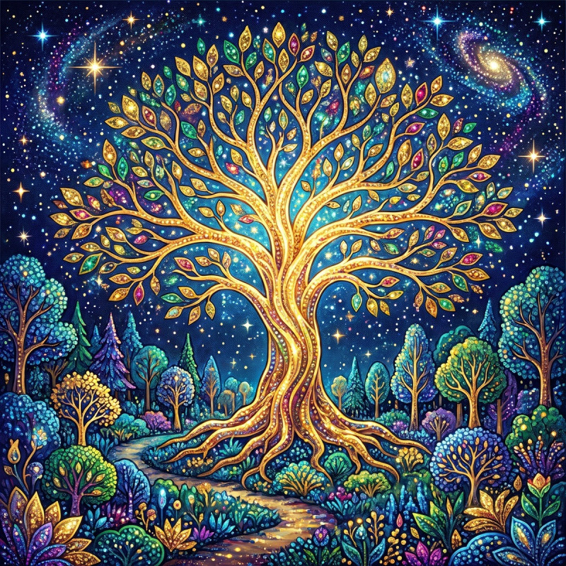 Arbre de vie doré sous ciel étoilé