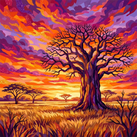 Lone Baobab at Orange and Purple Sunset