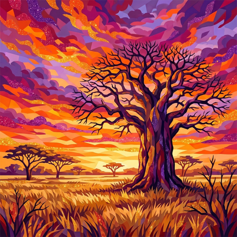 Lone Baobab at Orange and Purple Sunset